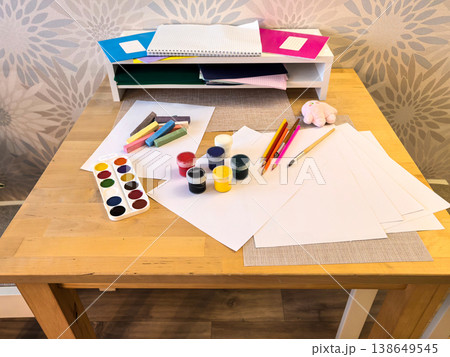 Kids Art Supplies on Wooden Desk Kids Art Supplies on Wooden Desk 138649545