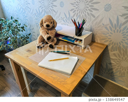 Kids Desk Setup with Teddy Bear 138649547