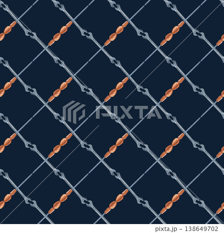 Seamless pattern with screwdrivers and wrenches arranged in a criss-cross pattern. Watercolor illustration of metal tools on a dark blue background. Realistic seamless template for wallpaper, printing 138649702