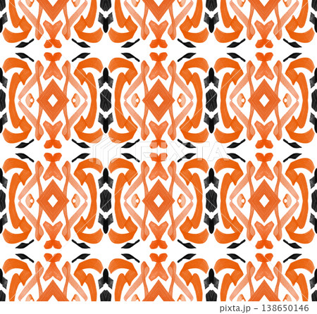 Orange and Black Watercolor Ikat Seamless Pattern with Bold Symmetrical Ornamental Motifs Orange and Black Watercolor Ikat Seamless Pattern with Bold Symmetrical Ornamental Motifs 138650146