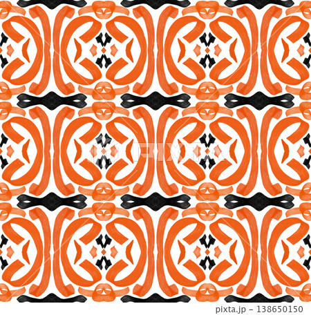 Orange and Black Watercolor Ikat Seamless Pattern with Bold Symmetrical Ornamental Motifs 138650150