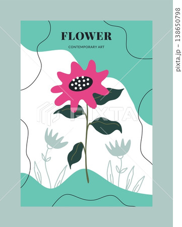 Nature banner. Floral shapes. Contemporary art. Color flower. Stem with leaves. Abstract spots. Organic forms. Summer blossom. Blooming plant. Botanical figures print. Vector modern card 138650798