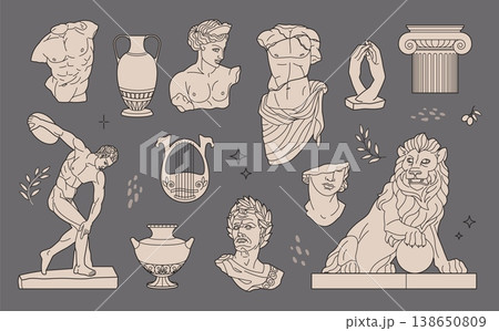 Classical sculpture icons set. Antique statues, busts and columns. Greek vases, with decorative motifs, art history roman symbols, museum exhibition and cultural vector isolated illustration Classical sculpture icons set. Antique statues, busts and columns. Greek vases, with decorative motifs, art history roman symbols, museum exhibition and cultural vector isolated illustration 138650809