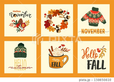 Cute autumn cards. Hello fall season holiday. Forest plant leaves wreath. Hot drink cup. November warm knitted hat and sweater. Autumnal oak acorn and rowan. Vector seasonal banners set Cute autumn cards. Hello fall season holiday. Forest plant leaves wreath. Hot drink cup. November warm knitted hat and sweater. Autumnal oak acorn and rowan. Vector seasonal banners set 138650810