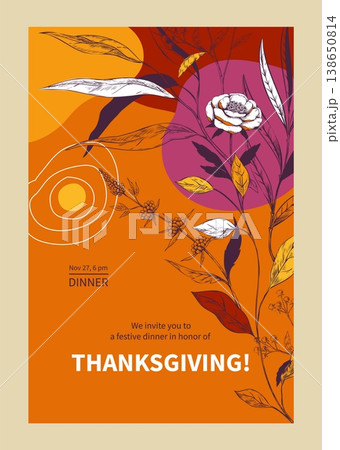 Happy autumn. Thanksgiving dinner invitation card. Fall season leaves or flowers. Abstract orange spots. Camellia blossom. Seasonal holiday. Vector autumnal festive invite banner design 138650814