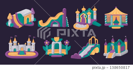 House slide. Bouncy water playground. Kid air jump trampoline or children balloon game park. Fun child equipment. Inflatable marquee. Party playroom. Vector amusement attractions set House slide. Bouncy water playground. Kid air jump trampoline or children balloon game park. Fun child equipment. Inflatable marquee. Party playroom. Vector amusement attractions set 138650817