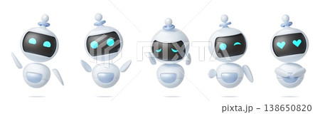 3d robot character. Cute ai mascot face, chat bot agent, happy digital hand app chatbot. Funny alien icon. Friendly assistant, technology support, communication interfaces. Vector isolated set 138650820
