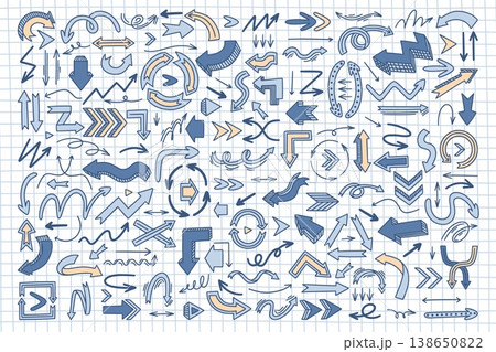 Doodle arrows. Cute hand drawn line sketch pointers, up pencil sign or vintage pointer element. Black and white background navigation symbols. Vector cartoon isolated set 138650822
