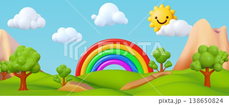 3d toy background. Rainbow field, hill in children sun park. Clouds, grass lawn as nature land art. Colorful nature, render glossy elements. Cartoon landscape vector horizontal background 3d toy background. Rainbow field, hill in children sun park. Clouds, grass lawn as nature land art. Colorful nature, render glossy elements. Cartoon landscape vector horizontal background 138650824