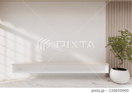 Shelf wall desigm on living room,Clean room wooden japanese minimalist room interior, 3D rendering Shelf wall desigm on living room,Clean room wooden japanese minimalist room interior, 3D rendering 138650900