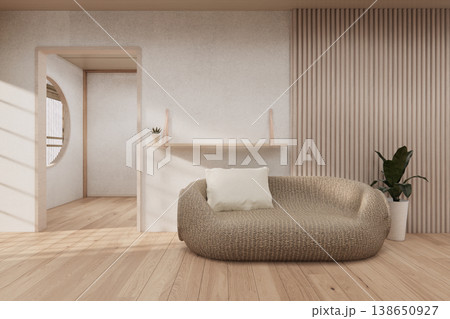 Modern room interior wabisabi style sofa onEmpty room wabi sabi style. 3D illustration rendering Modern room interior wabisabi style sofa onEmpty room wabi sabi style. 3D illustration rendering 138650927