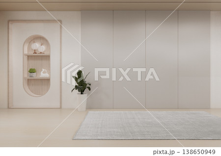Clean Modern room, Mock up carpet on wooden floor on white wall decoration.3D rendering Clean Modern room, Mock up carpet on wooden floor on white wall decoration.3D rendering 138650949