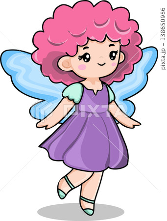 A cheerful cartoon fairy with bright pink curly hair floats joyfully with light blue wings displayed A cheerful cartoon fairy with bright pink curly hair floats joyfully with light blue wings displayed 138650986