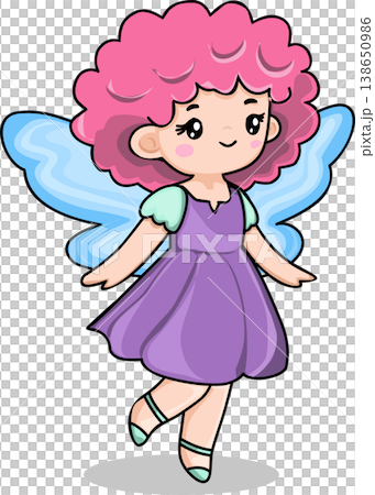A cheerful cartoon fairy with bright pink curly hair floats joyfully with light blue wings displayed A cheerful cartoon fairy with bright pink curly hair floats joyfully with light blue wings displayed 138650986