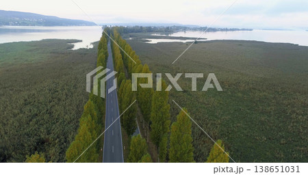 Road lined with trees next to water and fields in a rural area during daylight hours in a scenic location Road lined with trees next to water and fields in a rural area during daylight hours in a scenic location 138651031