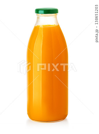 Orange juice glass bottle with green cap isolated Orange juice glass bottle with green cap isolated 138651203