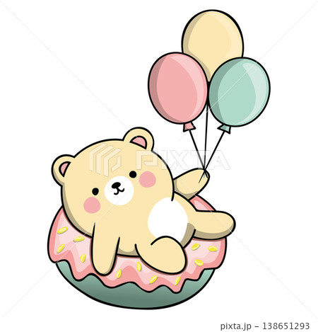 A whimsical cartoon bear relaxes on a pink donut with three floating balloons A whimsical cartoon bear relaxes on a pink donut with three floating balloons 138651293