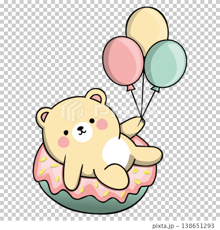 A whimsical cartoon bear relaxes on a pink donut with three floating balloons A whimsical cartoon bear relaxes on a pink donut with three floating balloons 138651293