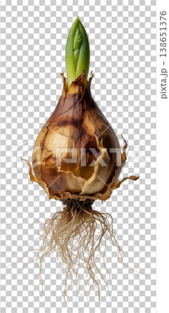 Sprouting flower bulb with white roots and a green shoot emerging from the top, isolated on transparent background, representing new growth and spring planting Sprouting flower bulb with white roots and a green shoot emerging from the top, isolated on transparent background, representing new growth and spring planting 138651376