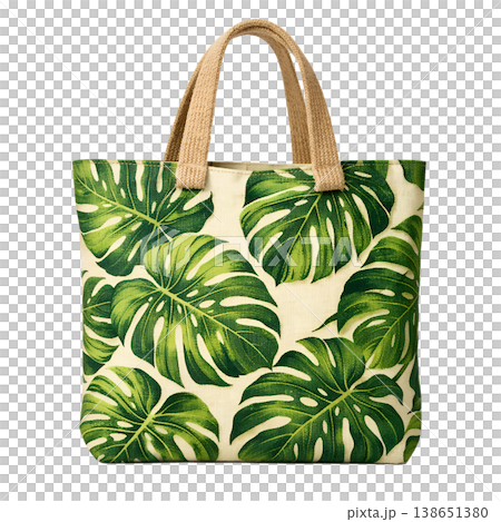 Reusable canvas tote bag featuring a bold tropical monstera leaf pattern in green on a light background, representing eco-friendly fashion and summer style Reusable canvas tote bag featuring a bold tropical monstera leaf pattern in green on a light background, representing eco-friendly fashion and summer style 138651380