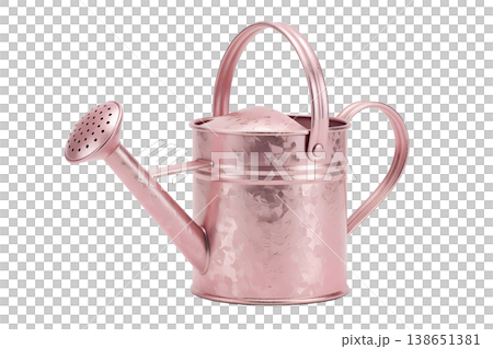 Glossy pink metallic watering can with a classic shape, isolated on white background, representing gardening tools, home decor, and springtime aesthetics 138651381