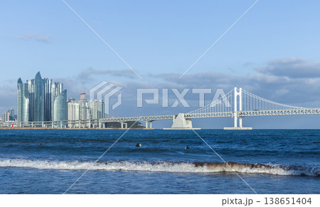 Busan city, South Korea. Skyline of Haeundae District with Diamond Bridge 138651404