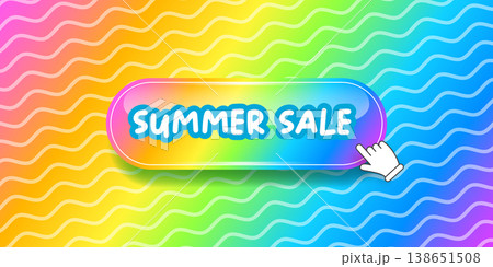 Summer Sale rainbow banner with glossy button. 3D realistic summer button on wavy background. Modern seasonal header with retro summer sale typography for summer shopping and colorful promotions. Summer Sale rainbow banner with glossy button. 3D realistic summer button on wavy background. Modern seasonal header with retro summer sale typography for summer shopping and colorful promotions. 138651508