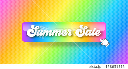 Summer Sale rainbow banner with glossy button. 3D realistic summer button on wavy background. Modern seasonal header with retro summer sale typography for summer shopping and colorful promotions. Summer Sale rainbow banner with glossy button. 3D realistic summer button on wavy background. Modern seasonal header with retro summer sale typography for summer shopping and colorful promotions. 138651513