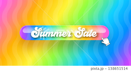 Summer Sale rainbow banner with glossy button. 3D realistic summer button on wavy background. Modern seasonal header with retro summer sale typography for summer shopping and colorful promotions. Summer Sale rainbow banner with glossy button. 3D realistic summer button on wavy background. Modern seasonal header with retro summer sale typography for summer shopping and colorful promotions. 138651514