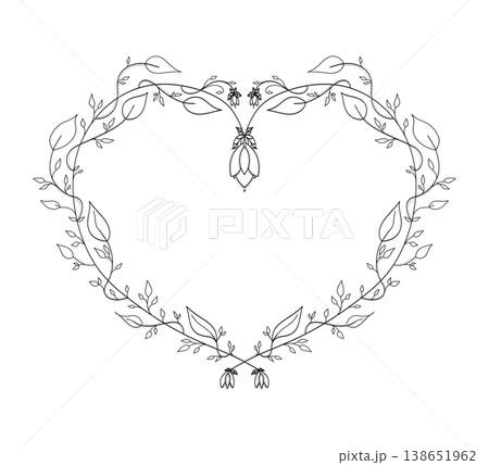 Elegant heart shaped botanical frame with symmetrical leaf branches and flower buds in line art style on a transparent background. Elegant heart shaped botanical frame with symmetrical leaf branches and flower buds in line art style on a transparent background. 138651962
