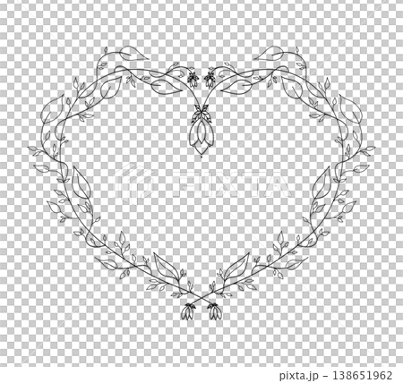 Elegant heart shaped botanical frame with symmetrical leaf branches and flower buds in line art style on a transparent background. Elegant heart shaped botanical frame with symmetrical leaf branches and flower buds in line art style on a transparent background. 138651962