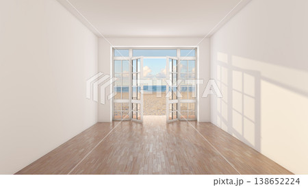 Empty Beachfront Room Interior With Open Doors To Ocean View 138652224
