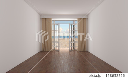 Empty Beachfront Room With Curtains And Open Doors To Ocean Empty Beachfront Room With Curtains And Open Doors To Ocean 138652226