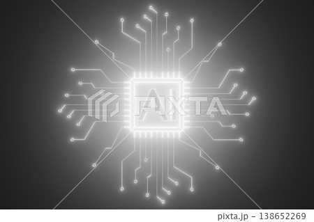 White glowing AI chip symbol with silver circuit board design 138652269