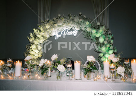 Elegant Floral Reception. Chic Celebration With Lush Floral Decor And Ambient Lighting Elegant Floral Reception. Chic Celebration With Lush Floral Decor And Ambient Lighting 138652342
