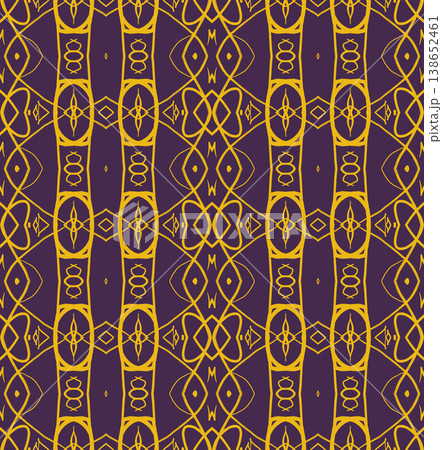 Purple and Yellow Art Deco Seamless Pattern with Ornamental Geometric Linework Purple and Yellow Art Deco Seamless Pattern with Ornamental Geometric Linework 138652461