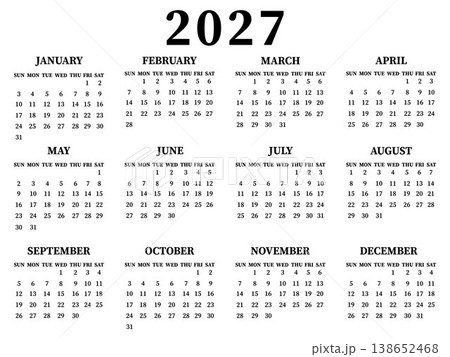 Calendar for the year 2027 displaying all months from January to December in a grid format in black text vector design on a white background Calendar for the year 2027 displaying all months from January to December in a grid format in black text vector design on a white background 138652468