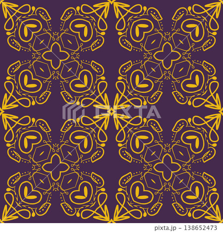 Purple and Yellow Art Deco Seamless Pattern with Ornamental Geometric Linework 138652473