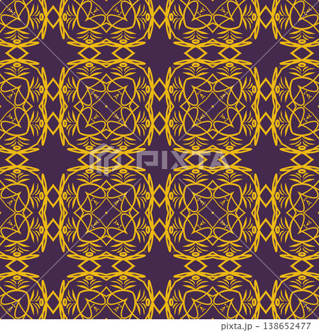 Purple and Yellow Art Deco Seamless Pattern with Ornamental Geometric Linework Purple and Yellow Art Deco Seamless Pattern with Ornamental Geometric Linework 138652477