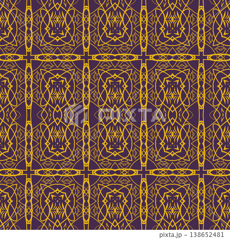 Purple and Yellow Art Deco Seamless Pattern with Ornamental Geometric Linework 138652481