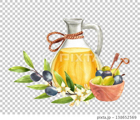 Olive oil in a glass jug with a green branch with flowers and berries, and fruit in a wooden bowl, isolated watercolor illustration. Mediterranean food, hand drawn in a simple style for food festival. Olive oil in a glass jug with a green branch with flowers and berries, and fruit in a wooden bowl, isolated watercolor illustration. Mediterranean food, hand drawn in a simple style for food festival. 138652569
