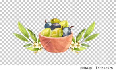 Ripe green and dark olives in a wooden bowl with sprigs, watercolor illustration, isolated. Hand drawn Mediterranean plants in a simple rustic style for a food festival decor. 138652570