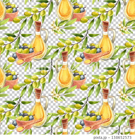 Olive oil in glass jug with green twig, fruits and wooden bowl watercolor seamless pattern. Mediterranean food and plants, hand drawn in a simple rustic style for a food festival. Olive oil in glass jug with green twig, fruits and wooden bowl watercolor seamless pattern. Mediterranean food and plants, hand drawn in a simple rustic style for a food festival. 138652573