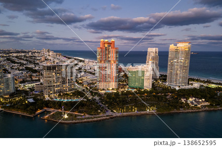 Miami Beach cityscape. Miami summer aerial view. Miami Beach shoreline. South Beach Miami aerial view. Blue ocean in Florida skyline. 138652595