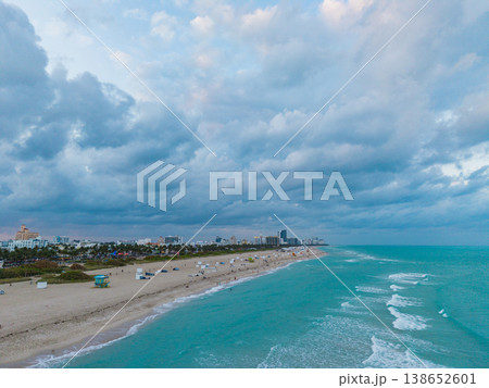 Top view of South Miami Beach. Scenic drone view of Miami Beach skyline with skyscrapers. Aerial view of Miami Beach in summer. 138652601