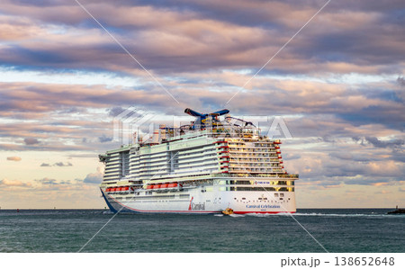Miami, Florida, USA - December 23, 2024: Carnival cruise line. Cruise ship tour and travel at sea. Ship going from port of Miami. Carnival Celebration cruise ship voyage. Cruise in summer vacation 138652648