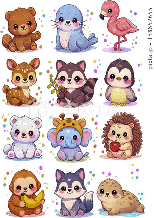 A collection of adorable kawaii doodle cartoon baby animals, including a bear, seal, flamingo, deer, raccoon, penguin, polar bear, elephant, hedgehog, monkey, wolf, and sea otter on a transparent back 138652655
