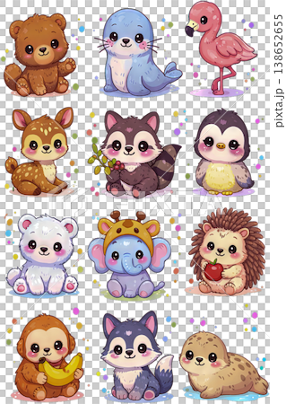 A collection of adorable kawaii doodle cartoon baby animals, including a bear, seal, flamingo, deer, raccoon, penguin, polar bear, elephant, hedgehog, monkey, wolf, and sea otter on a transparent back 138652655