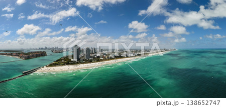 Panorama of Miami Beach skyline. Drone shot of Miami Beach cityscape. Top view of South Miami Beach and the ocean. Miami Beach skyline with skyscrapers and coastline from above. Panorama of Miami Beach skyline. Drone shot of Miami Beach cityscape. Top view of South Miami Beach and the ocean. Miami Beach skyline with skyscrapers and coastline from above. 138652747