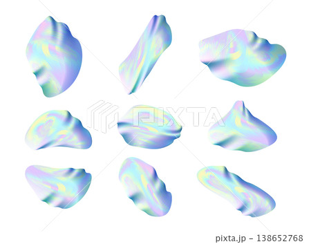Vibrant colored vaporwave styled abstract twisted ball shapes set, with holographic texture. Y2K hologram abstraction 138652768